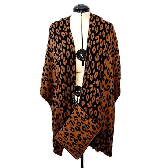 Chico's Animal Print Jacquard Ruana Shawl Sweater w/ Matching Bag | Size L/XL - Picture 2 of 11